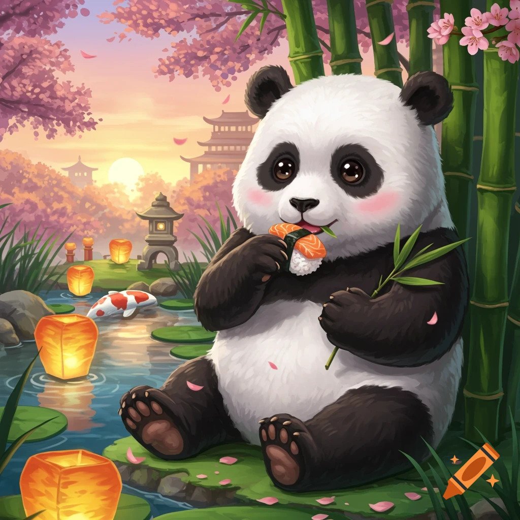 A cute cartoon panda sits by a pond eating sushi, surrounded by bamboo, cherry blossoms, lanterns, and distant Japanese pagodas.