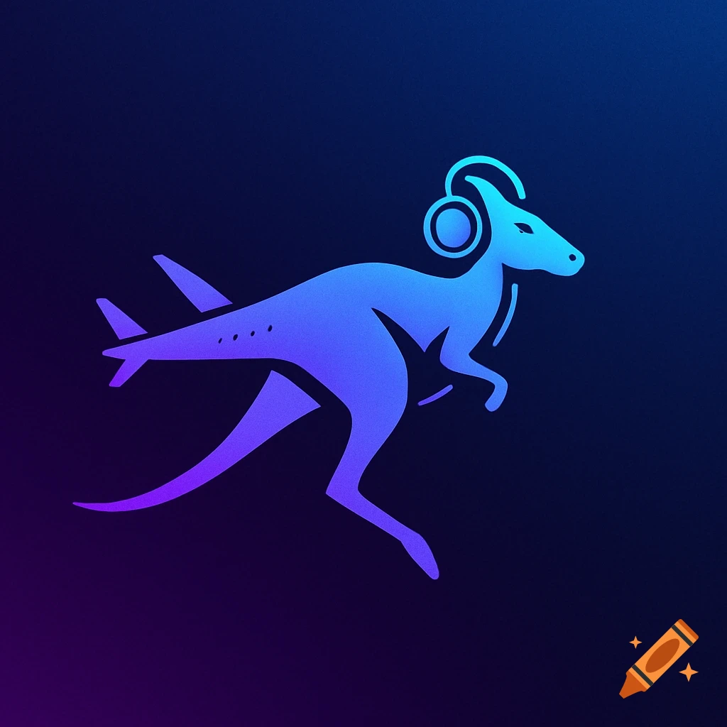 A stylized blue and purple gradient logo of a kangaroo with airplane wings and a headset.