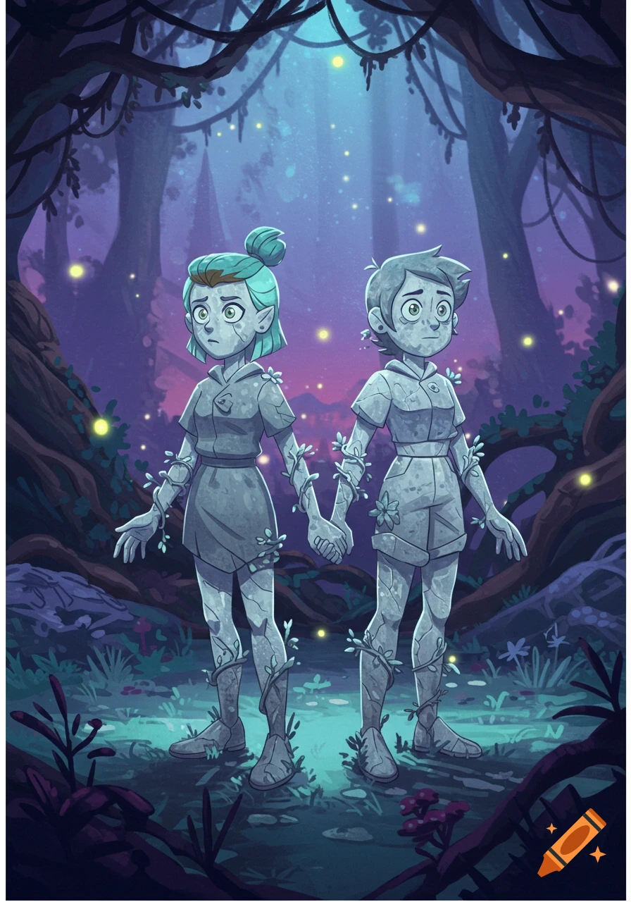 Two characters, Luz and Amity, depicted as stone statues covered in vines, holding hands in a glowing, mystical forest at night.