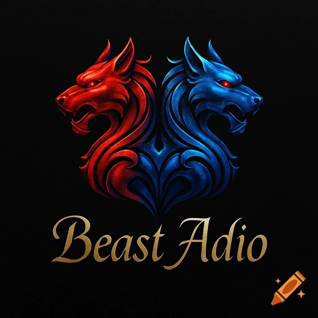 Red and blue stylized two-headed wolf logo with golden 'Beast Adio' text on a black background.