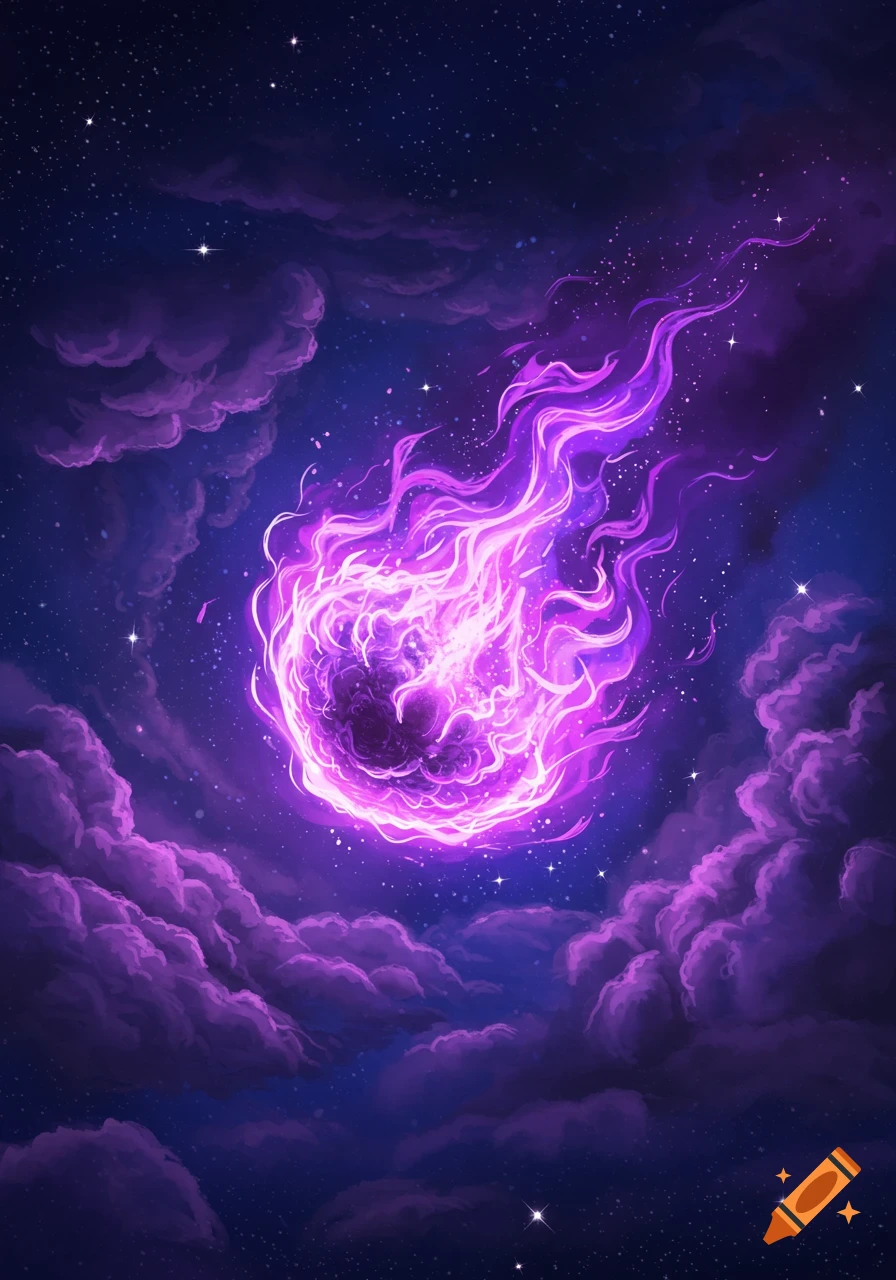 A bright purple fireball streaks across a dark blue night sky filled with stars and purple clouds.