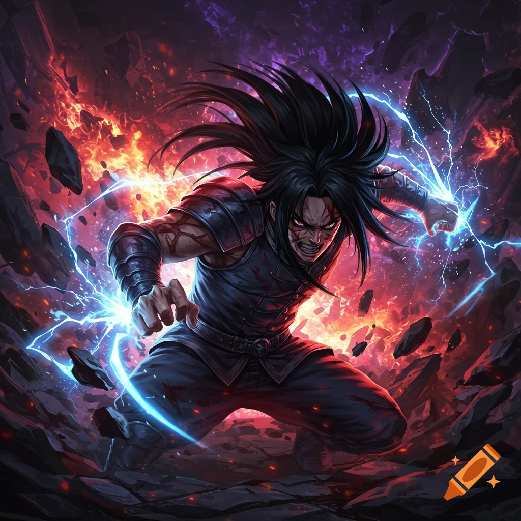 Anime character with black spiky hair and red eyes, wreathed in blue lightning, stands fiercely amidst fiery debris.