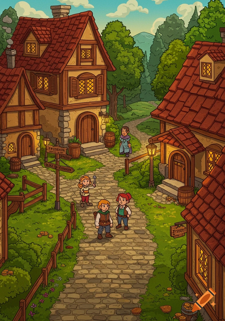 Cartoon illustration of a charming medieval village scene with cobblestone paths, houses, trees, and people walking, in a point-and-click adventure game style.