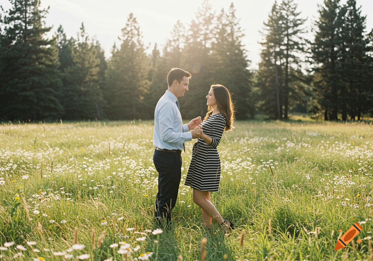 A couple holding hands in a sunlit field of daisies with pine trees in the background, in a film photography style.