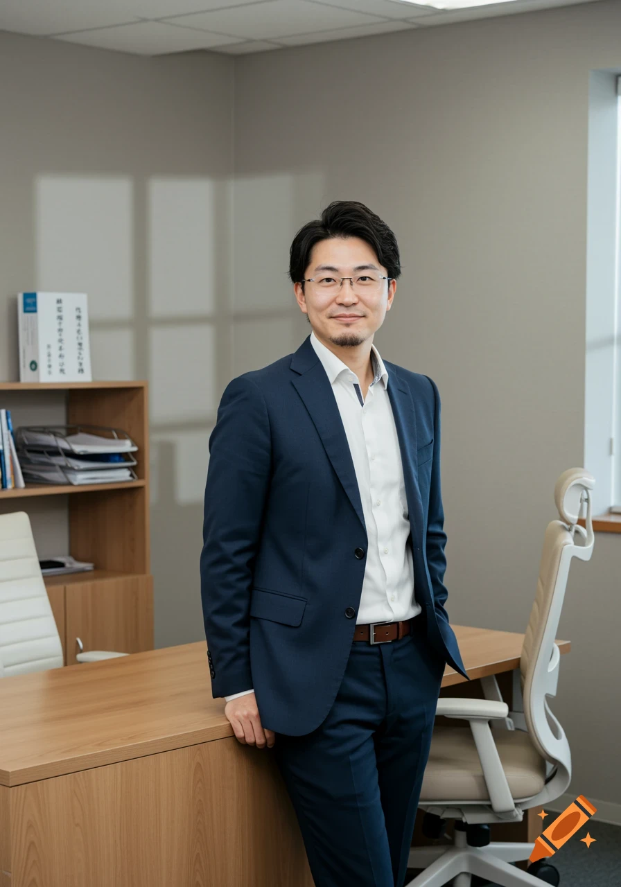 A photorealistic image of a smiling man in a blue suit and glasses, leaning on a wooden desk in a modern office.