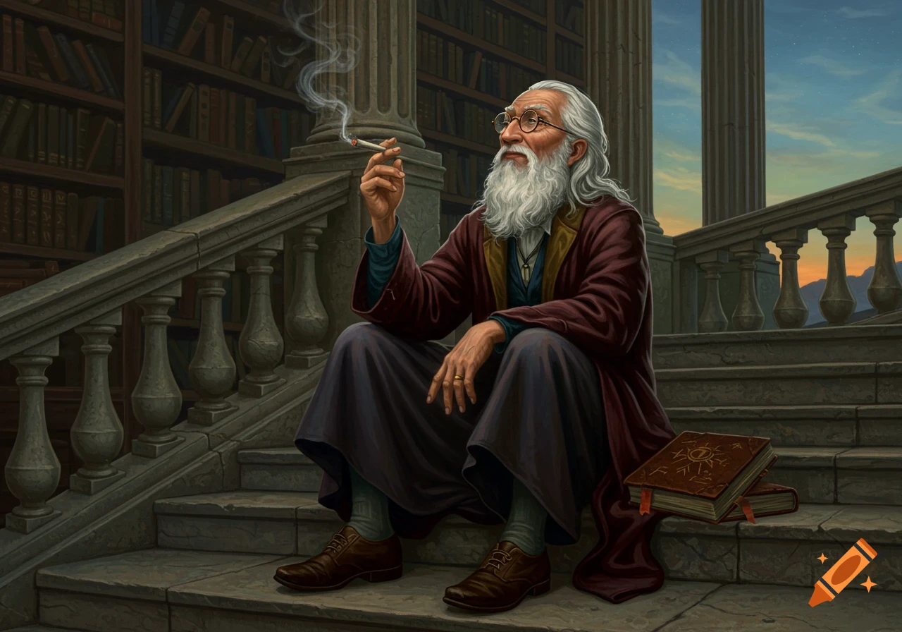 A wise old man with a long white beard and glasses sits on stone steps outside a library, smoking a joint.