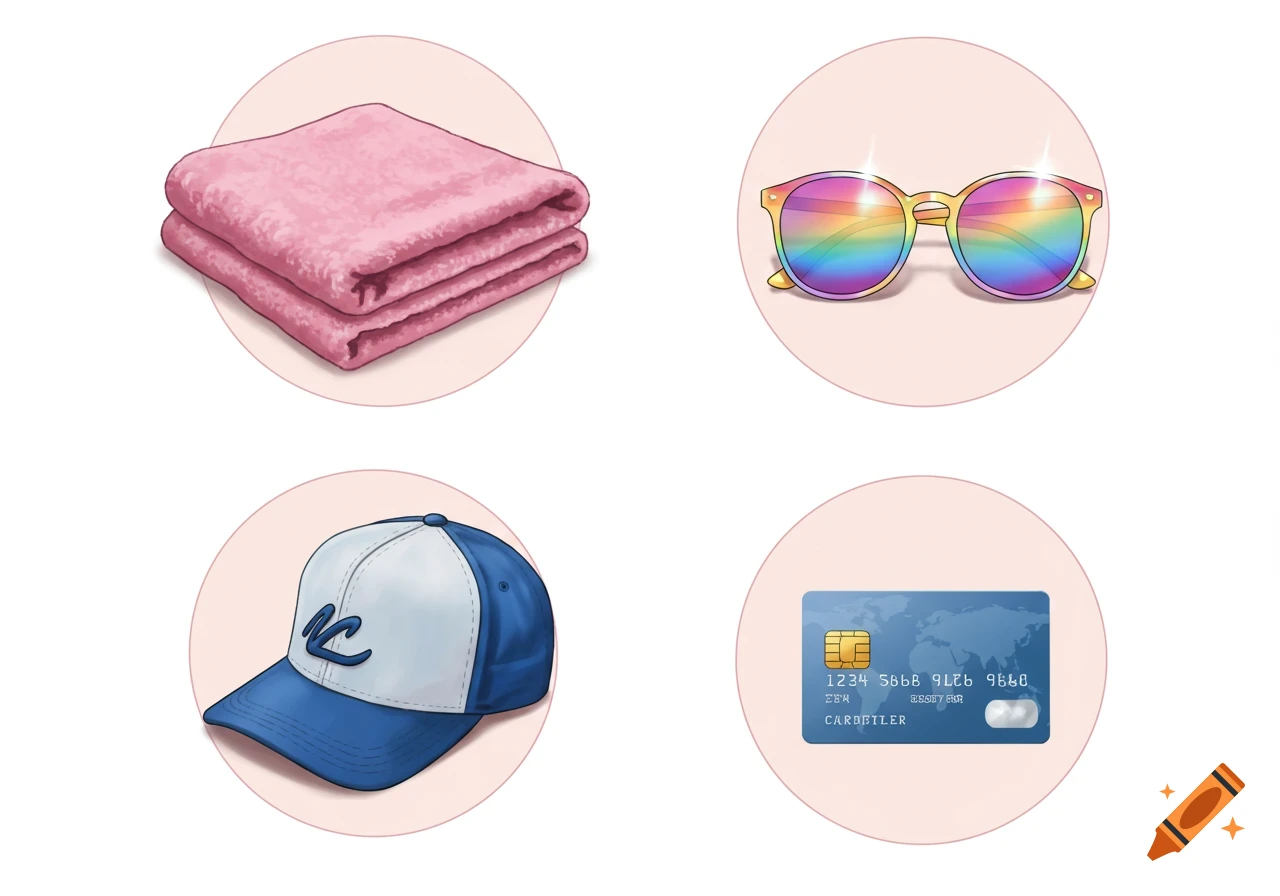 Four illustrations of everyday objects: a stack of pink towels, rainbow-colored sunglasses, a blue and white baseball cap with a stylized logo, and a blue credit card.
