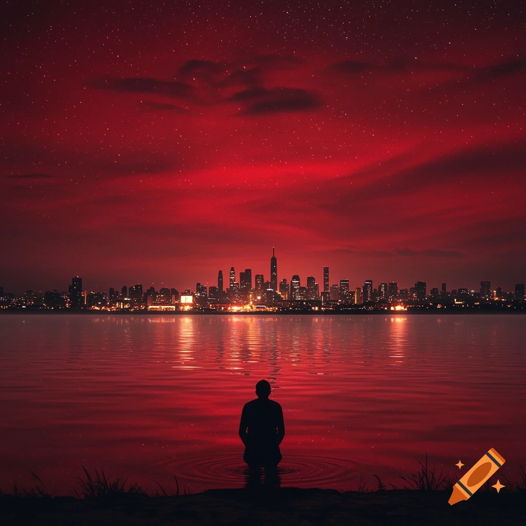 A person in silhouette kneeling in water, looking at a city skyline under a deep red, starry night sky with reflections.