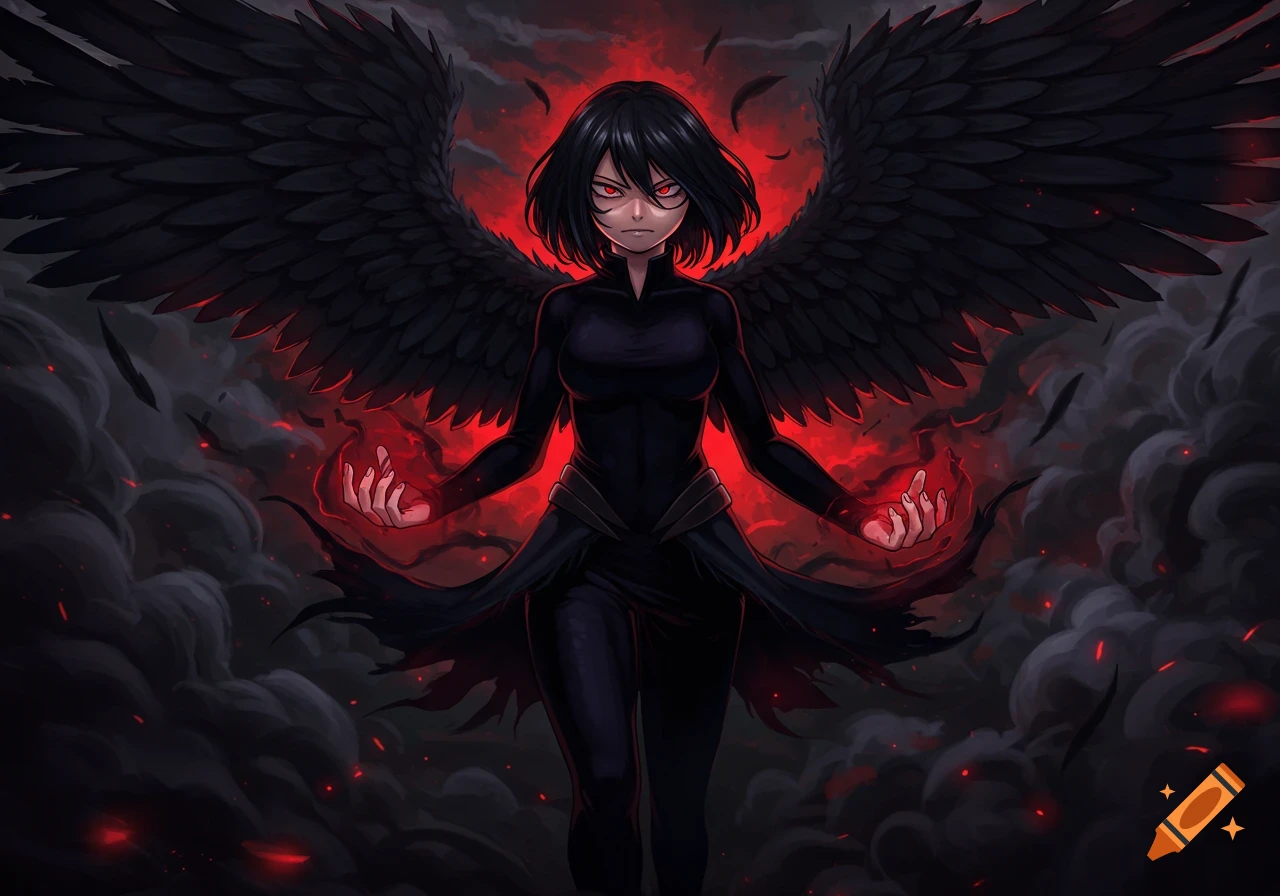 An intimidating anime girl with black hair, red eyes, and large black wings stands with hands glowing red amidst dark smoke and red light.