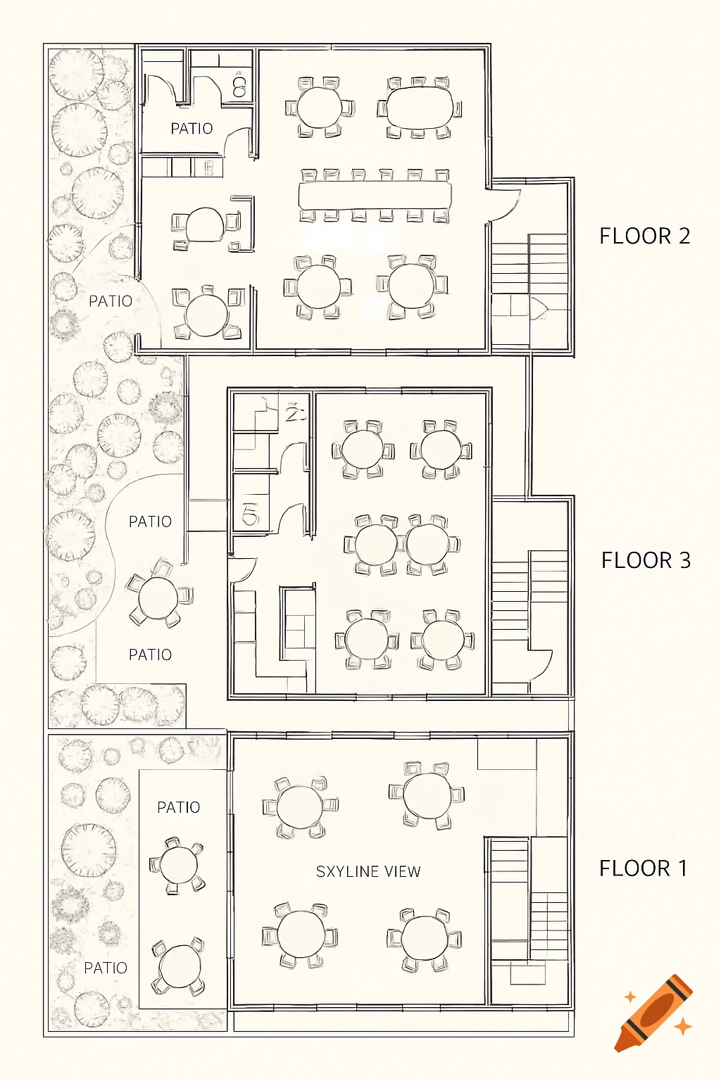 A 2D architectural blueprint showing the three-floor layout of a large restaurant with dining areas, patios, and a garden.