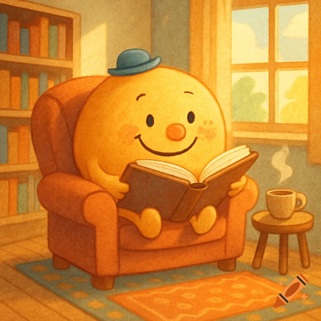 A cheerful yellow cartoon character with a blue hat reads a book in a cozy armchair by a window, with a steaming cup on a small table.