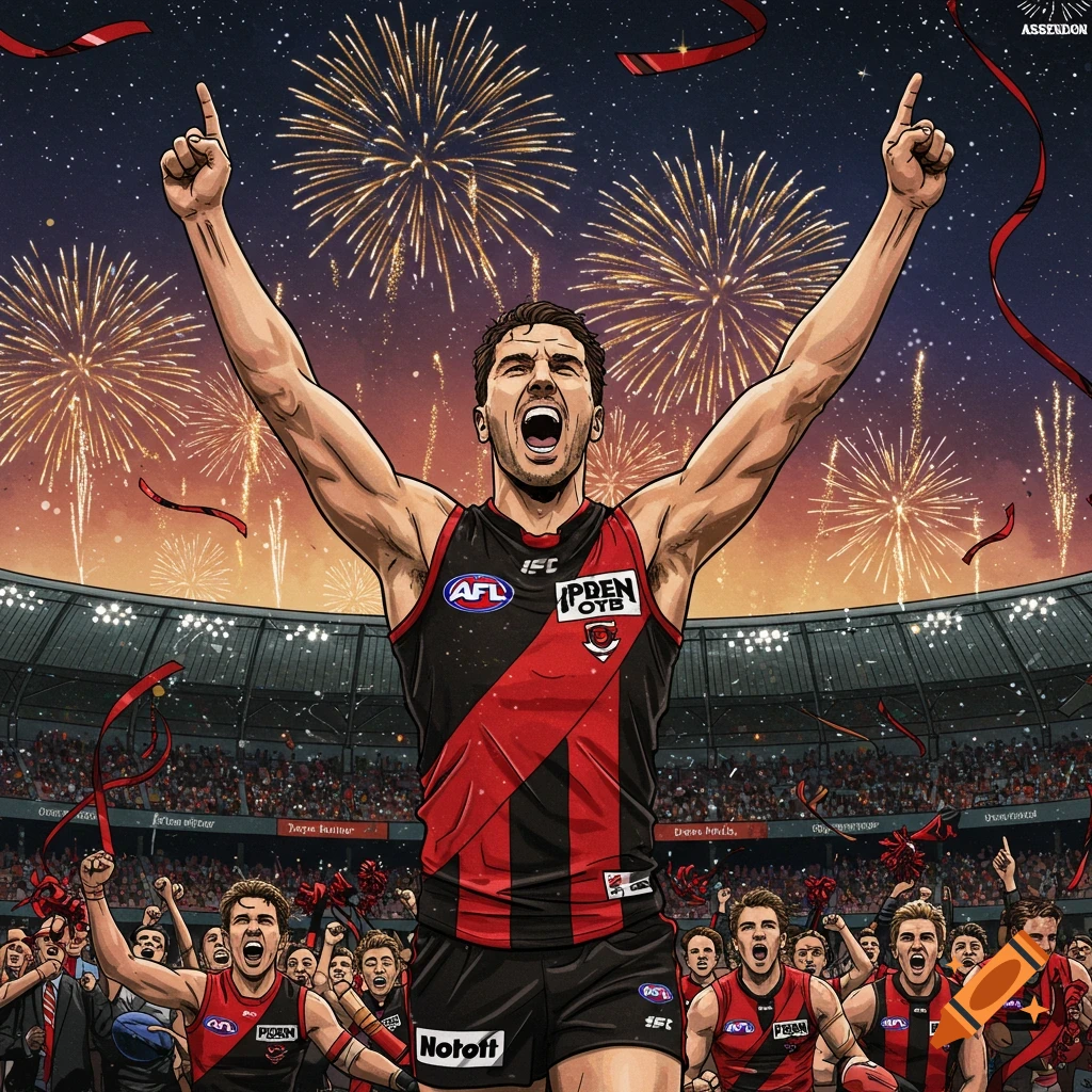 Illustrated image of an Australian Rules Football player in a black and red uniform celebrating on a field with arms raised as fireworks explode behind him. Fans cheer in the stadium below.