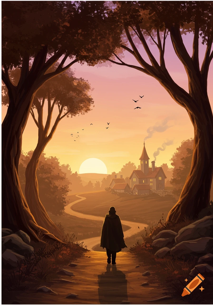 A lone figure walks down a winding path toward a village nestled between large trees at sunset, in a stylized illustration.
