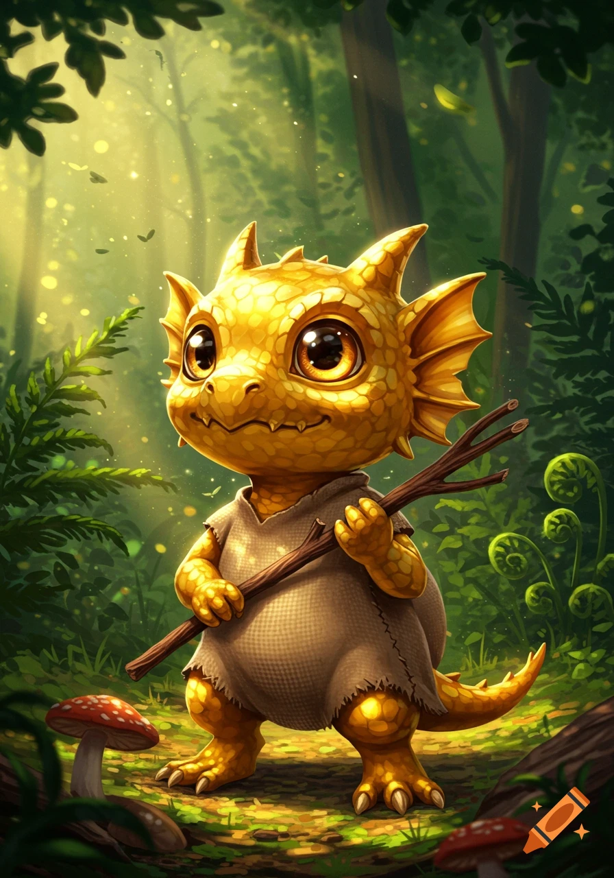 A cute golden-scaled creature with big eyes and a burlap sack holds a stick in a sunlit forest.