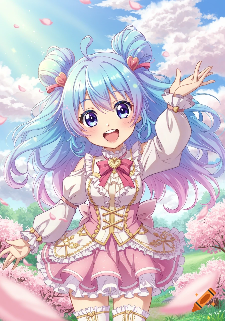 A cute anime girl with blue-pink hair in a frilly pink and white dress stands among cherry blossoms under a bright sky.