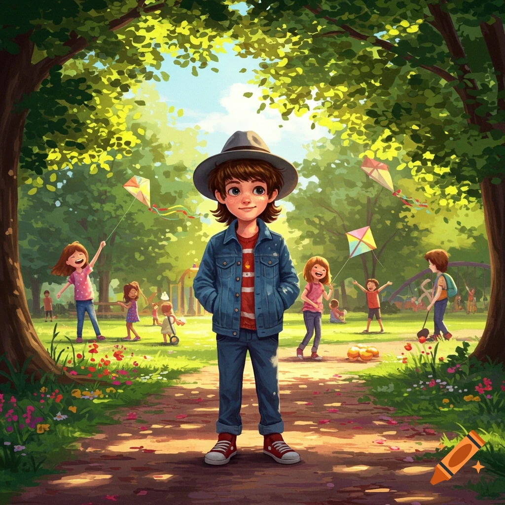 An illustrated image of a boy in a grey hat standing on a park path, with other children playing with kites in the sunny background.