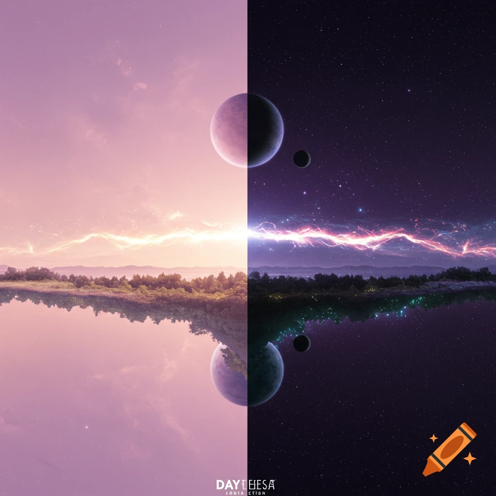 A vertical split image showing a fantasy landscape with planets. The left side is day with a lavender sky and a sunlit forest. The right side is night with a dark purple sky, stars, a nebula, and bioluminescent reflections.