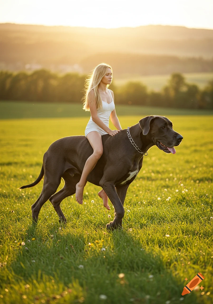 Young blonde woman in a white dress riding a large Great Dane dog across a sunlit grassy field at sunset.