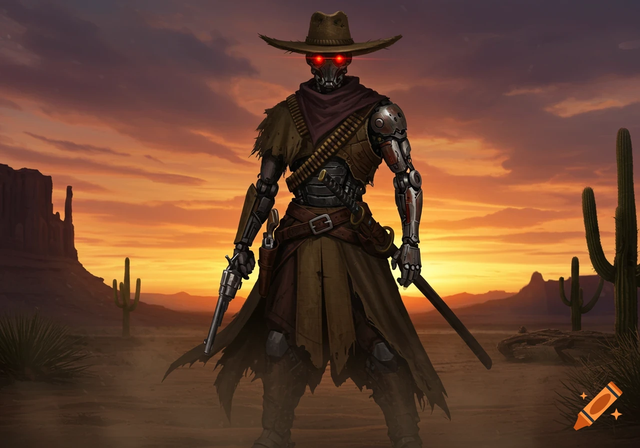 A robot cowboy with glowing red eyes and a weathered hat stands in a desert at sunset, holding a revolver and katana.