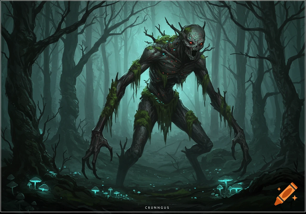 A monstrous, gaunt, moss-covered creature with glowing red eyes stands in a dark, misty forest with glowing blue mushrooms.