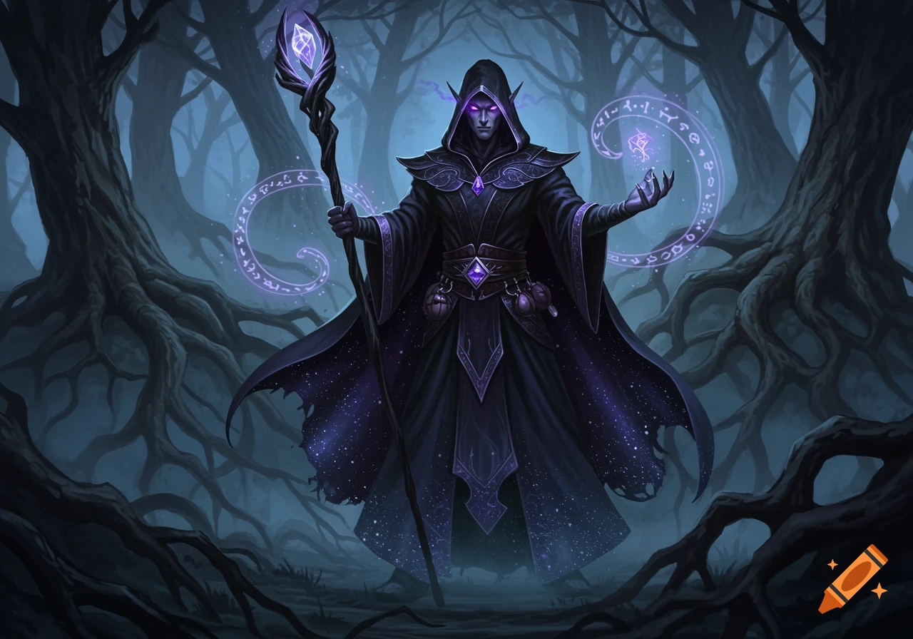A dark elf wizard in a hooded robe holds a glowing staff and casts a purple spell in a dark, gnarled forest.