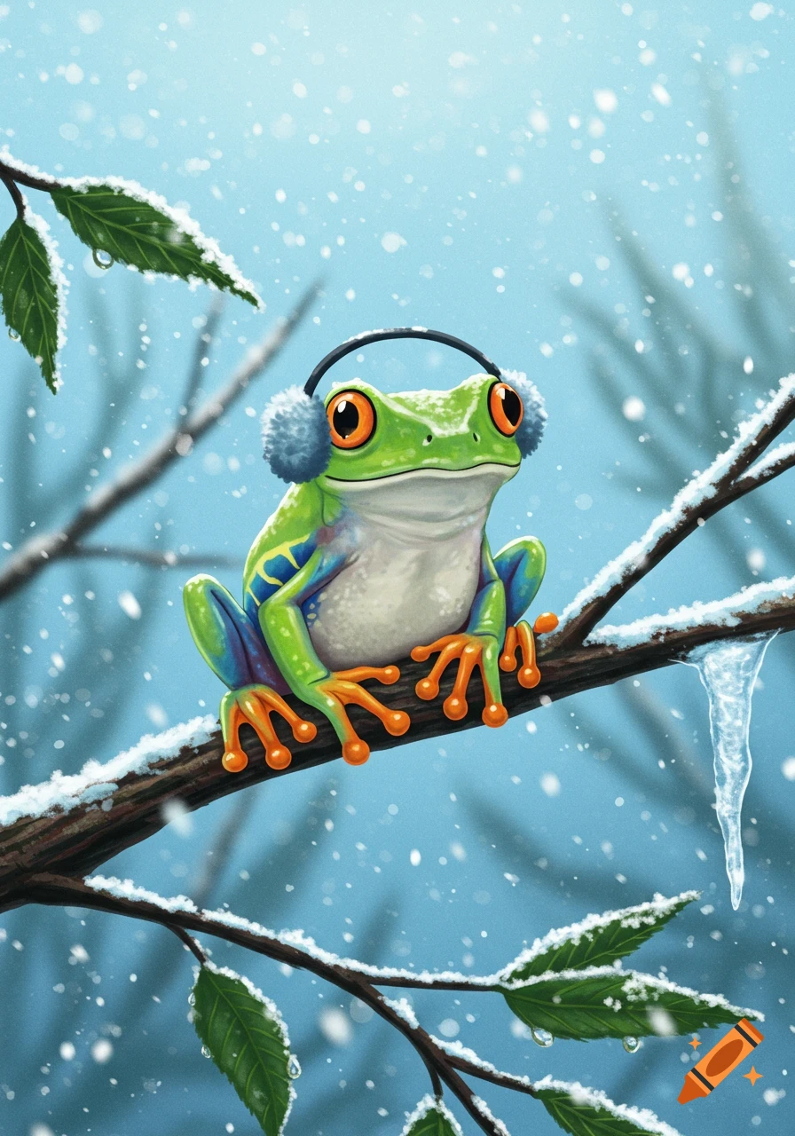 An animated green tree frog with large orange eyes and blue earmuffs sits on a snow-covered branch during a snowfall.