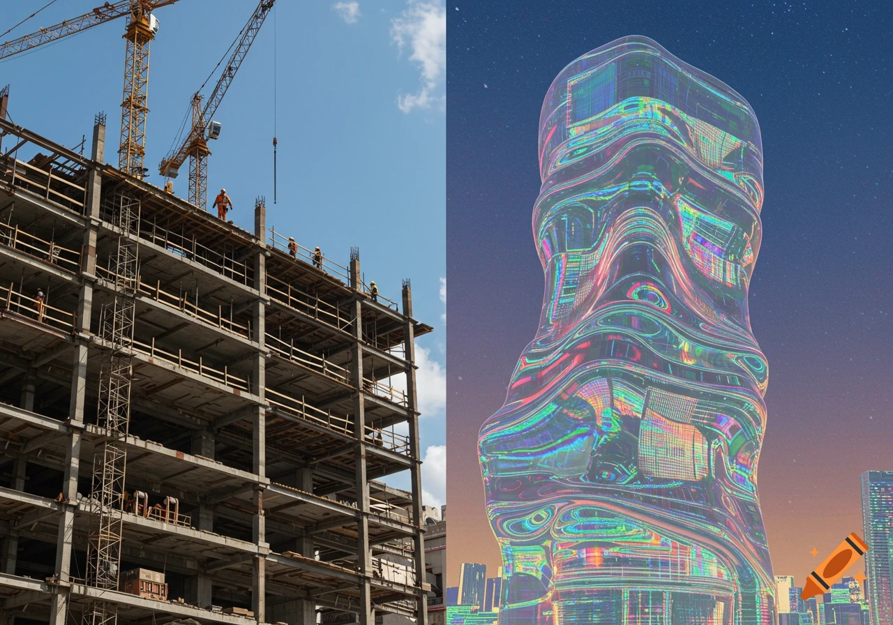 A split image showing a real construction building with cranes on the left and a vibrant, iridescent, futuristic digital building on the right.