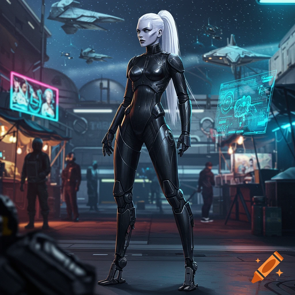 A female space bounty hunter in sleek black body armor with a white high ponytail stands in a futuristic cyberpunk city. Spaceships fly above neon-lit buildings.