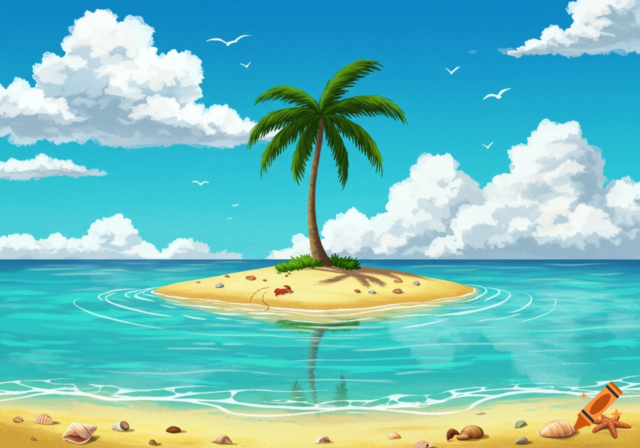 A colorful cartoon illustration of a small tropical island with a single palm tree in the middle of a turquoise ocean.