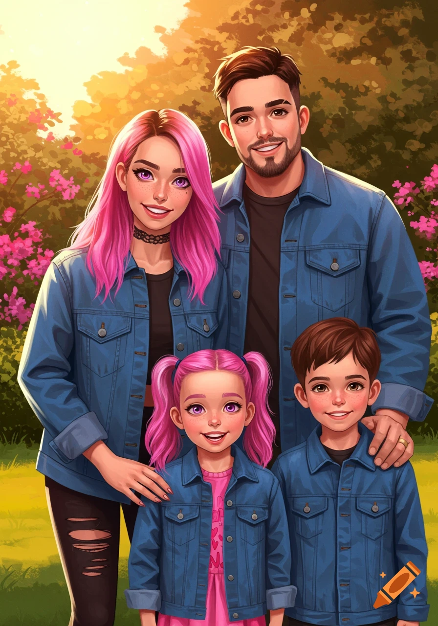 A cartoon family portrait featuring a woman with pink hair, a man with brown hair, a girl with pink pigtails, and a boy with brown hair, all wearing denim jackets in a park setting.