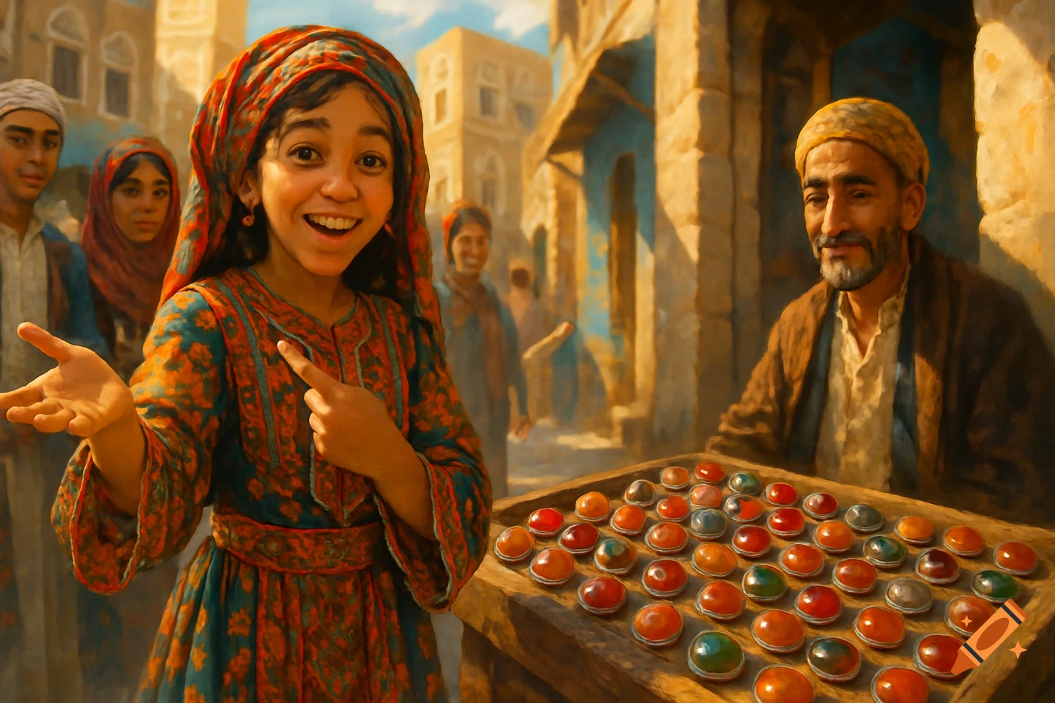 A smiling Yemeni girl in traditional attire gestures towards a man selling colorful agate stones in an old city market.