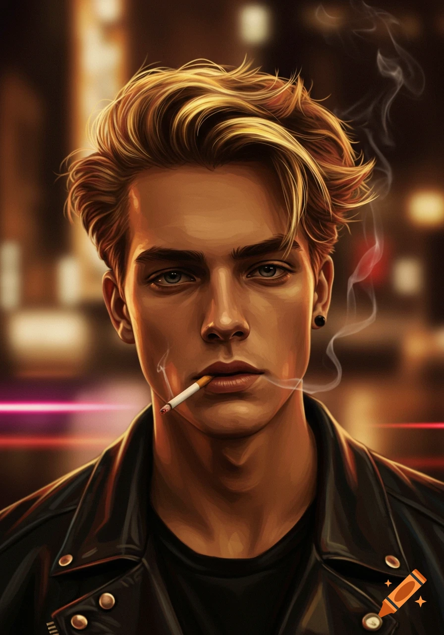 Digital illustration of a handsome young man with blond messy hair, blue eyes, and a leather jacket, smoking a cigarette.