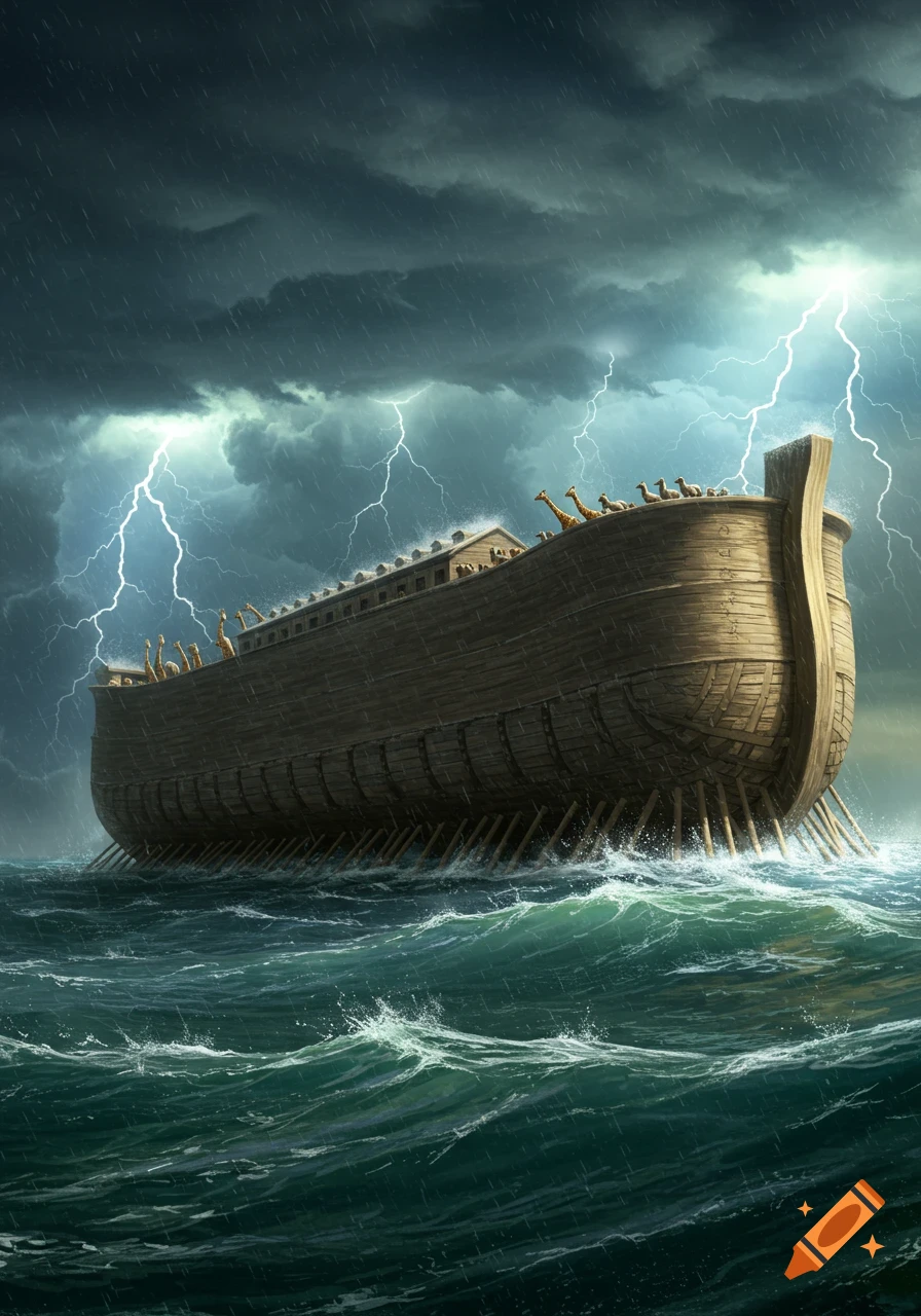 Noah's Ark floats on turbulent seas under a dark, stormy sky with lightning, animals visible on deck.
