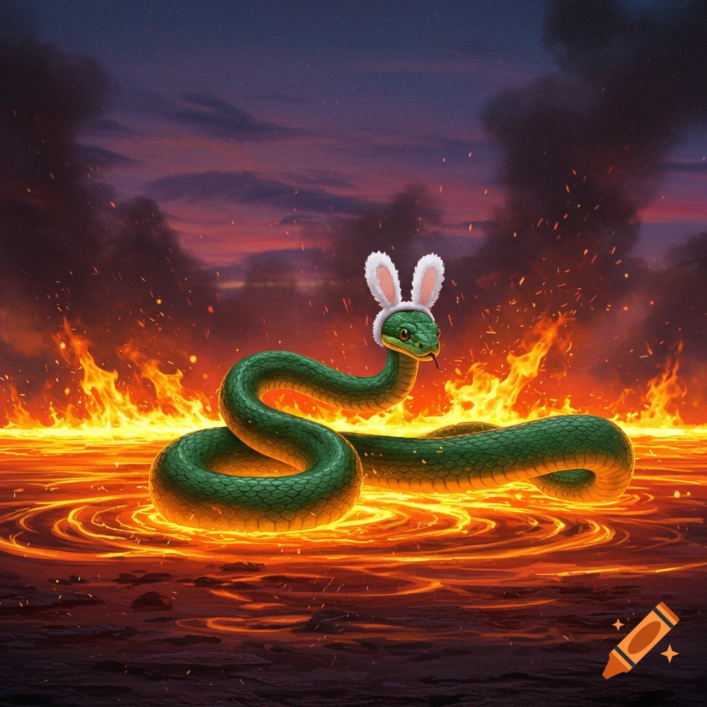 A green snake wearing white bunny ears sits in a lake of fire with flames and smoke in the background, digital art.