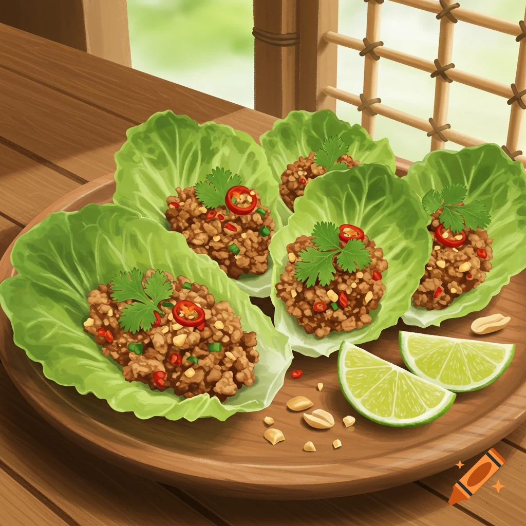 Illustrated Thai lettuce cups with ground meat, chili, cilantro, and lime wedges on a wooden plate.