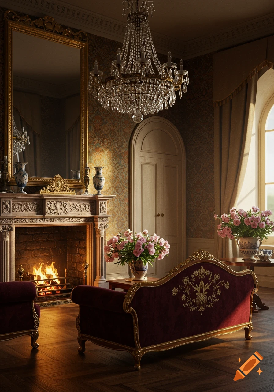 A photorealistic depiction of a luxurious classical room with a grand fireplace, large gold mirror, crystal chandelier, and red velvet furniture.