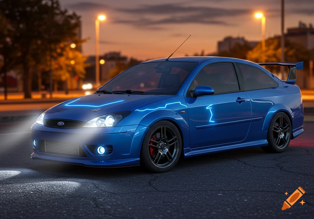 A photorealistic blue Ford Focus ZTS sedan with a rear wing, bright headlights, and glowing blue streaks on the hood and side, parked on asphalt at night.