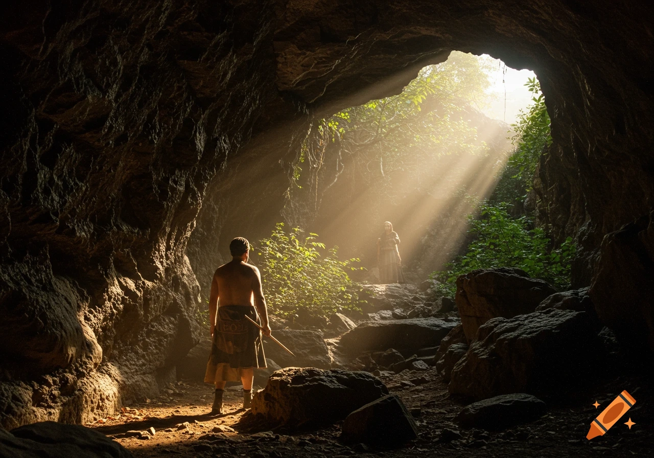 A man stands in a dark cave opening, looking towards another figure bathed in sunbeams filtering through the lush forest outside.
