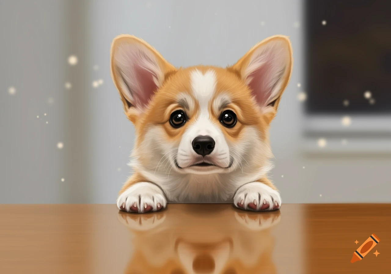 A cute digital art illustration of a corgi dog peering over a wooden table.