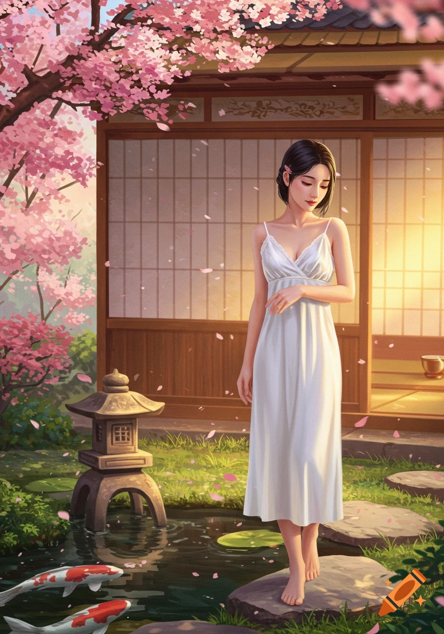 Illustration of a woman in a white slip standing barefoot in a serene Japanese garden with cherry blossoms, koi pond, and house.