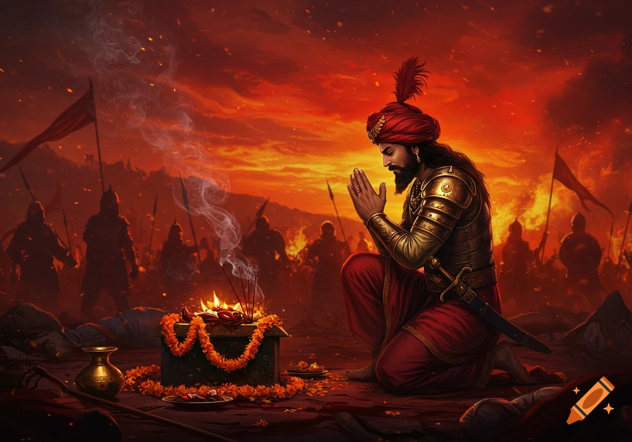 A warrior in golden armor and a red turban kneels and prays before an offering fire on a battlefield with a fiery red sky, surrounded by silhouetted soldiers and fallen bodies.