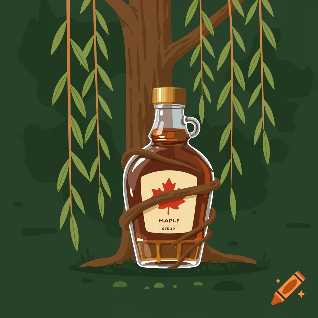 An illustration of a bottle of maple syrup with a maple leaf label, surrounded by a tree and hanging green leaves.