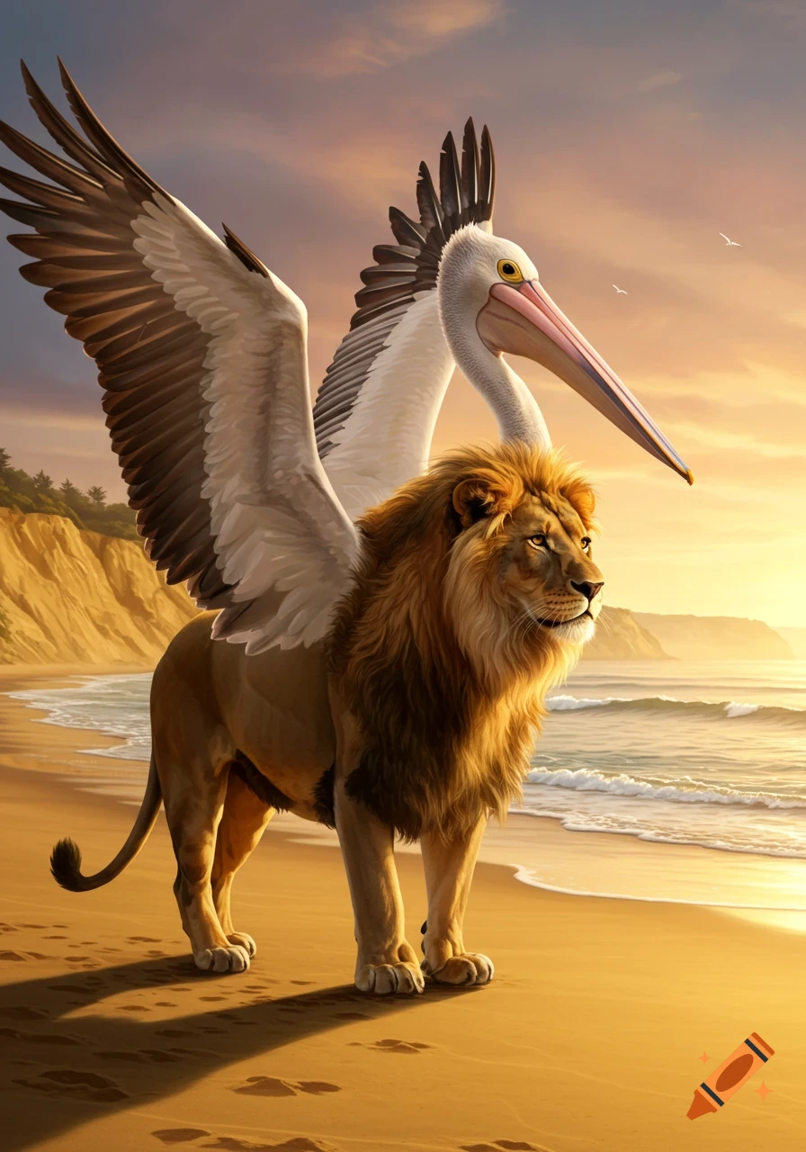 A majestic creature with a lion's body and pelican's head and wings stands on a sandy beach at sunset.