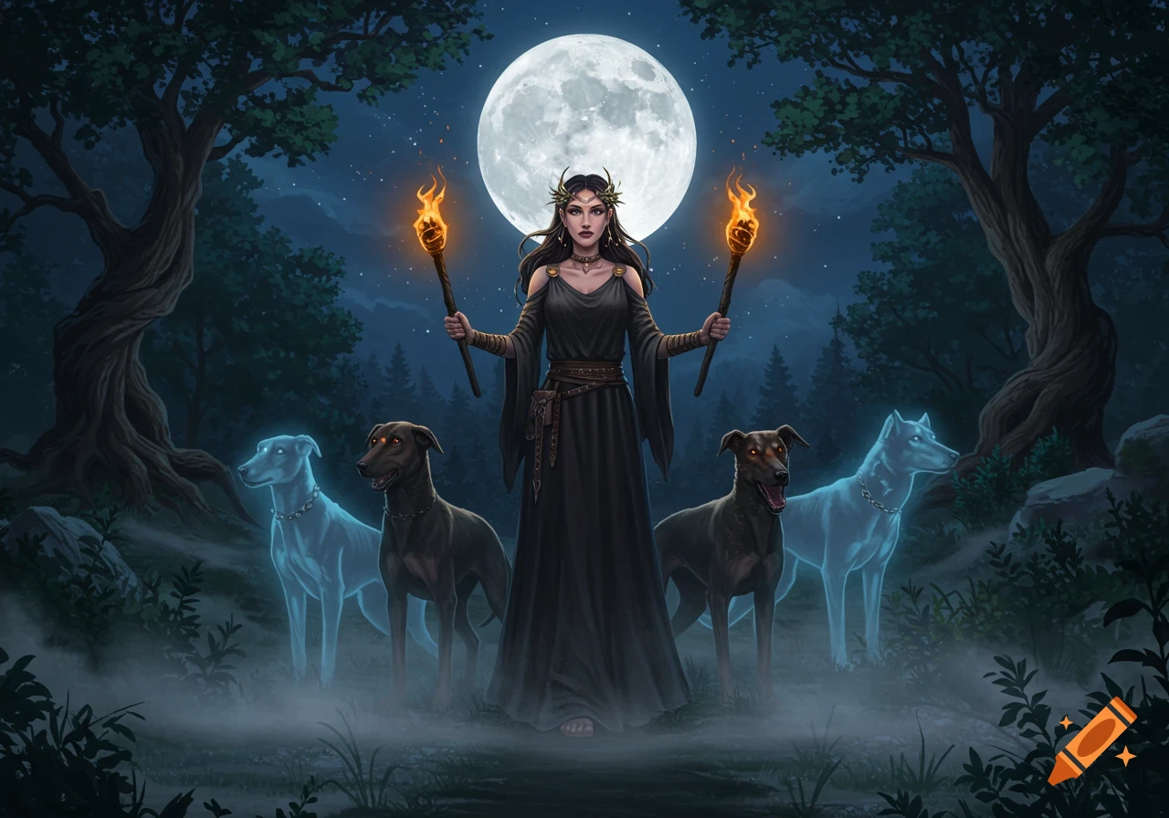 A dark-haired woman holds flaming torches under a full moon, flanked by two dark and two spectral dogs in a misty forest.