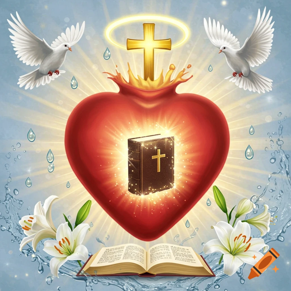 An illustration featuring a glowing sacred heart with a cross above it, flanked by two white doves. Below the heart, an open Bible rests on water splashes, surrounded by white lilies and falling water droplets.