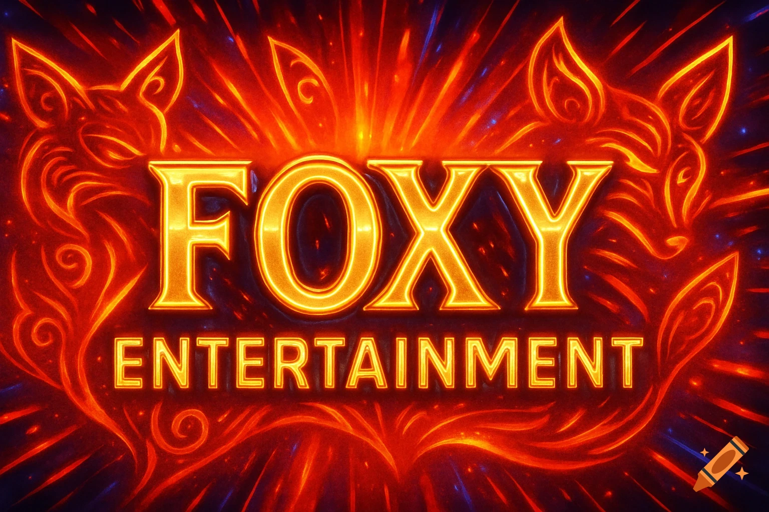 Foxy Entertainment logo with glowing golden text and fiery stylized fox heads against a dark, radiant background.