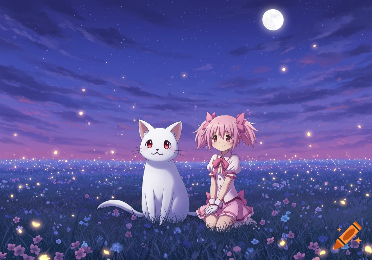 An anime girl with pink hair and a white cat sit in a glowing flower field under a full moon at night.