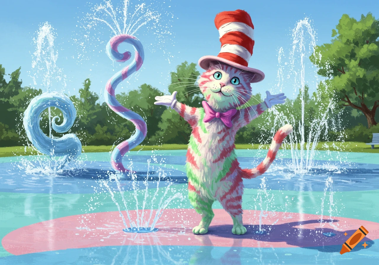 A whimsical Dr. Seuss-style cat with colorful stripes and a tall red-and-white hat stands in a vibrant splash pad with water fountains.