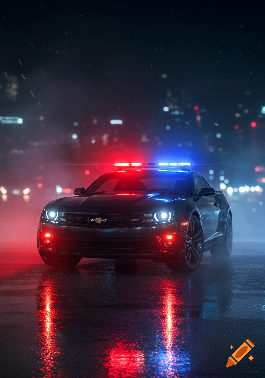 A dark Chevrolet Camaro police car with flashing red and blue lights sits on a wet street at night, with city lights blurred in the background.