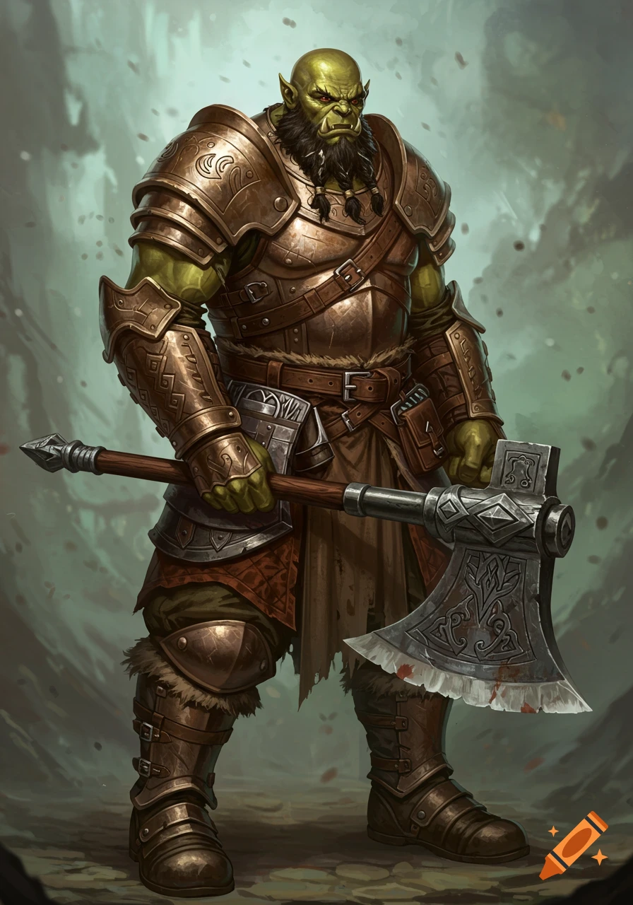 A heavily armored male half-orc warrior with green skin and a beard, holding a large two-handed greataxe, standing in a forest.
